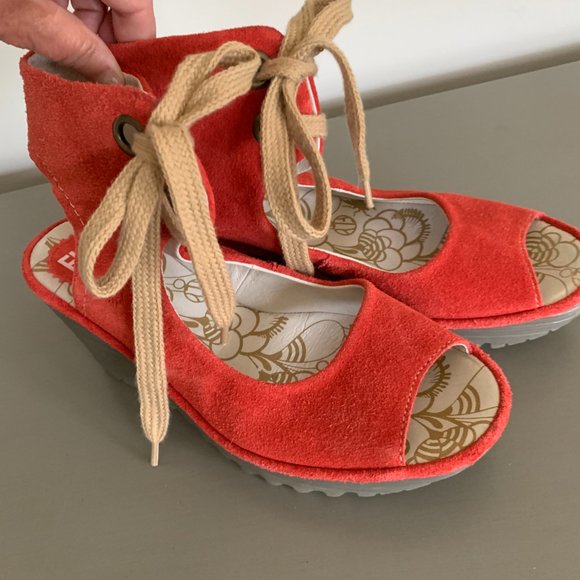 Fly London Red Suede Tie Up Mary Jane Platform Wedge Size 39 - Picture 8 of 8